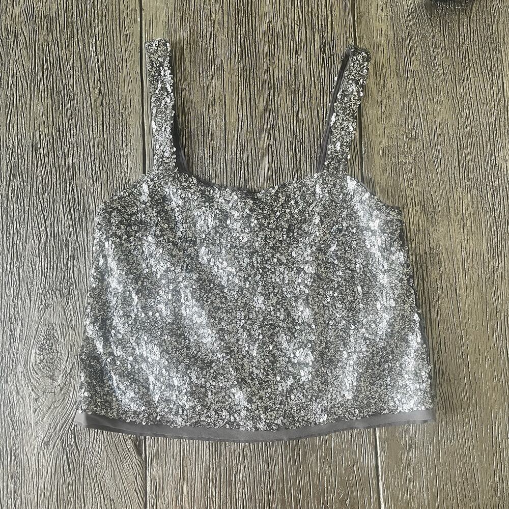 Abercrombie & Fitch Sequin Cropped Tank Top XS Silver Open Back Sparkly - Picture 3 of 12